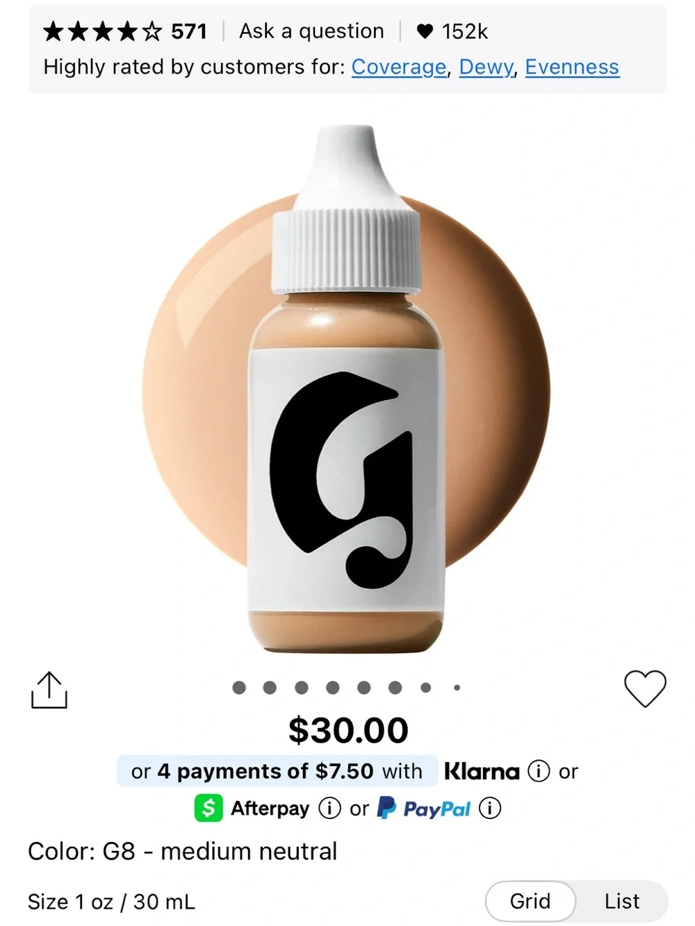 Glossier Perfecting Skin Tint G8 Used 5x ~90% Full ☮️